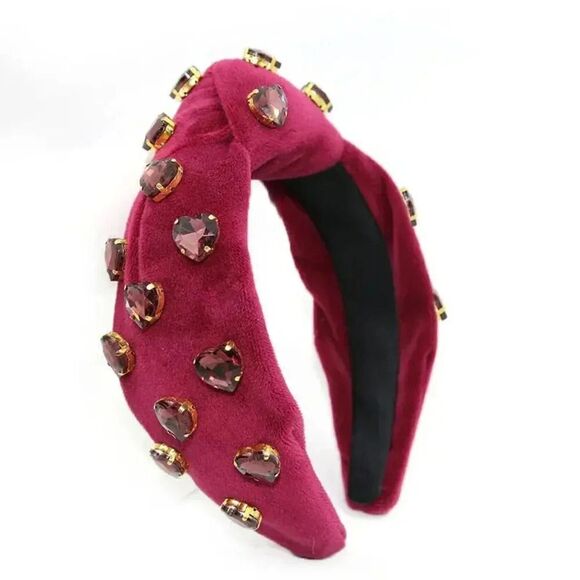 BURGUNDY VELVET KNOTTED HEADBAND WITH HEART-SHAPED CRYSTALS - Picture 1 of 4